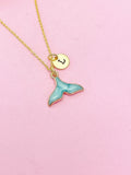 Gold Mermaid Tail Charm Necklace, Blue Mermaid Tail Personalized Customize Monogram Initial, N2340