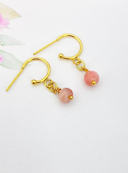 Gold Natural Pink Opal Earrings October Birthday Mother's Day Gifts Ideas Customized Made to Order, N5531