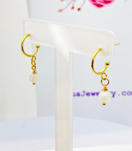 Gold Natural Rainbow Moonstone Gemstone Earrings Birthday Mother's Day Gifts Ideas Customized Made to Order, N5533