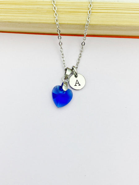 Silver or Gold Heart Blue Sapphire Charm Necklace September Birthday Mother's Day Gifts Ideas Personalized Customized Made to Order N73