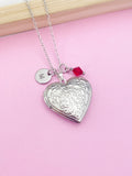 Silver Flower Heart Locket Necklace, Personalized Initial Charm