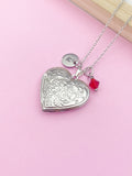 Silver Flower Heart Locket Necklace, Personalized Initial Charm