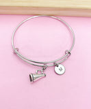 Silver Cheerleader Megaphone Charm Bracelet, Personalized Initial Bangle