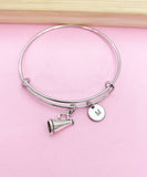 Silver Cheerleader Megaphone Charm Bracelet, Personalized Initial Bangle