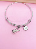 Silver Cheerleader Megaphone Charm Bracelet, Personalized Initial Bangle