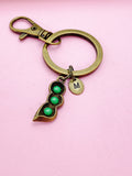 Personalized Bronze Pea Pod Keychain, Initial Charm
