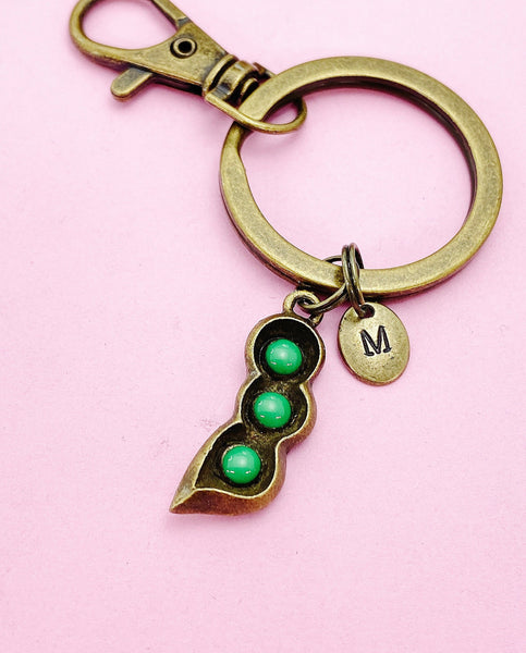 Bronze or Silver Pea Pod Charm Keychain Personalized Customize Charm Keychain, N4429