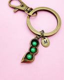 Personalized Bronze Pea Pod Keychain, Initial Charm