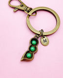 Personalized Bronze Pea Pod Keychain, Initial Charm