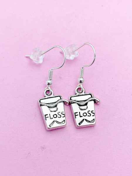Silver Floss Earrings, DH Graduation Dentist Jewelry Earrings, Dentist Floss Charm, Dentist Earrings, DH DA Gifts, N2934