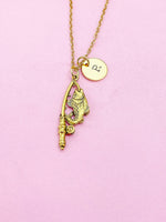 Gold Fishing Rod with Fish Charm Necklace, Personalized Customize Charm Necklace, N494