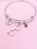 Eyeglasses Charm Bangle Bracelet, Personalized Initial, Birthstone