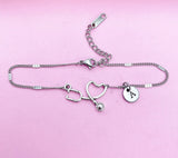 Stethoscope Heart Bracelet, Personalized Initial Charm, Medical Gift