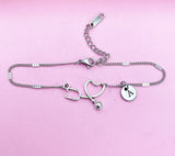 Stethoscope Heart Bracelet, Personalized Initial Charm, Medical Gift
