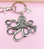 Octopus Keychain, Personalized Initial Charm, Bronze or Silver Tone
