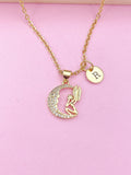 Gold Fairy Moon Necklace, Initial Charm, Personalized Birthday Gift, N3551