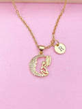 Gold Fairy Moon Necklace, Initial Charm, Personalized Birthday Gift, N3551