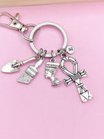 Egyptology Keychain Silver Egypt Queen Ankh Egypt Cross Brush Shovel Charms Egyptology School Egyptologist Gifts Ideas N5549