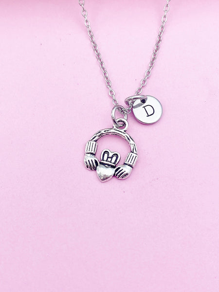 Silver Hand Heart Crown Claddagh Charm Necklace Personalized Customized Monogram Made to Order Jewelry, AN5436