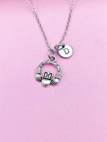 Silver Hand Heart Crown Claddagh Charm Necklace Personalized Customized Monogram Made to Order Jewelry, AN5436