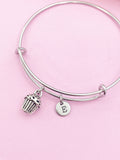Cupcake Initial Charm Bangle Bracelet, Personalized Silver Jewelry