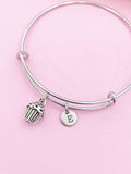 Cupcake Initial Charm Bangle Bracelet, Personalized Silver Jewelry