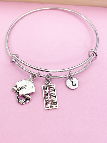 Silver Abacus Graduation Cap Charm Bracelet Bookkeeping Gifts Ideas Personalized Customized Made to Order Jewelry, BN1500