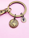 Bronze Globe Keychain, Initial Charm, Personalized Gift