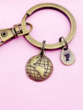 Bronze Globe Keychain, Initial Charm, Personalized Gift