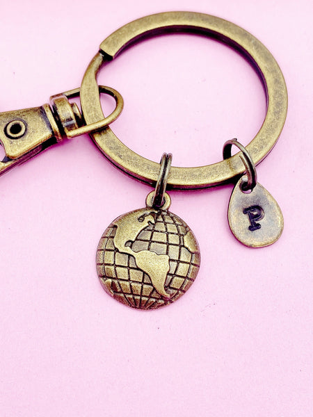 Bronze Globe Earth Charm Keychain Geography Cartography School Gifts Ideas Personalized Customized Made to Order, AN938