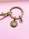 Bronze Globe Keychain, Initial Charm, Personalized Gift