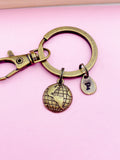 Bronze Globe Keychain, Initial Charm, Personalized Gift