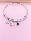 Dice Charm Bangle Bracelet, Initial, Gamer Gift