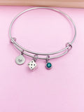 Dice Charm Bangle Bracelet, Initial, Gamer Gift