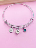 Dice Charm Bangle Bracelet, Initial, Gamer Gift
