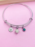Dice Charm Bangle Bracelet, Initial, Gamer Gift