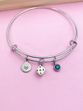 Dice Charm Bangle Bracelet, Initial, Gamer Gift