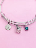 Dice Charm Bangle Bracelet, Initial, Gamer Gift