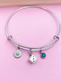 Dice Charm Bangle Bracelet, Initial, Gamer Gift