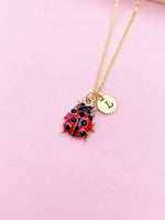 Gold Red Ladybug Charm Necklace Personalized Customized Monogram Made to Order Jewelry, N3242A