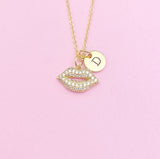 Gold Lip Charm Necklace Makeup Artist School Gift Ideas Personalized Customized Monogram Made to Order, AN1552