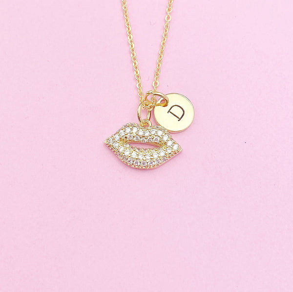 Gold Lip Charm Necklace Makeup Artist School Gift Ideas Personalized Customized Monogram Made to Order, AN1552