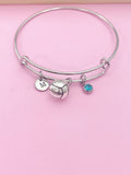 Silver Volleyball Charm Bangle Bracelet, Initial, Birthstone, Team Gift