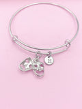 Silver Theater Masks Bangle Bracelet, Personalized Initial Charm