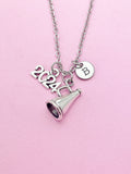 Cheerleader Megaphone Necklace, Initial Charm, Cheer Team Gift