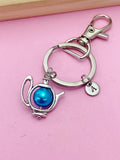Silver Teapot Charm Keychain, Personalized Initial Charm
