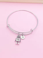 Silver Robot Bracelet or Necklace Robotic School Gifts Ideas Personalize Customize Charm Necklace N4770A