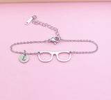 Eyeglasses Charm Bracelet, Initial Stainless Steel Bookworm Gift
