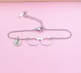 Eyeglasses Charm Bracelet, Initial Stainless Steel Bookworm Gift