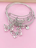 Silver Butterfly Charm Bracelet, Initial Bangle, Stainless Steel